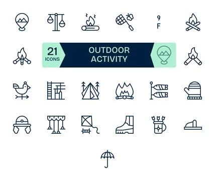 Outdoor Activity Professional Vector Set with 25 Regular Line Pixel Optimiz.. Stock Illustration