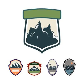Outdoor adventure exploring mountains crest badge collection Stock Illustration