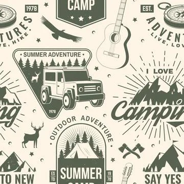 Outdoor adventure seamless pattern, background. Vector illustration. Vintage 스톡 일러스트