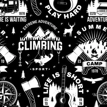Outdoor adventure seamless pattern, background. Vector illustration. Vintage  Stock Illustration
