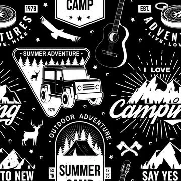 Outdoor adventure seamless pattern, background. Vector illustration. Vintage  Stock Illustration