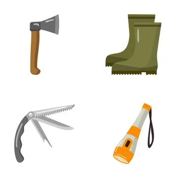 Outdoor adventure tools including axe boots and flashlight Stock Illustration