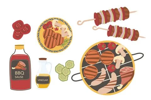 Outdoor barbecue elements collection: grill, steak, meat, cucumber and tomato, イラスト素材