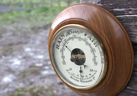 Outdoor barometer pointing to rain Stock Photos
