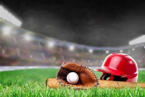 Outdoor Baseball Stadium With Helmet, Bat, Glove and Ball Stock Photos