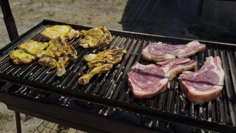 Outdoor BBQ Grilling Steaks and Chicken on Charcoal Grill Under Sunny Sky Stock Footage 342579073