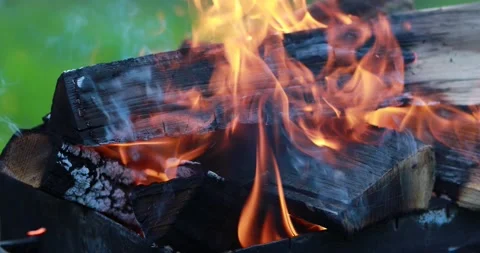 Outdoor Bon Fire Close Up. Burning logs in the fireplace. Recreational concept Stock Footage