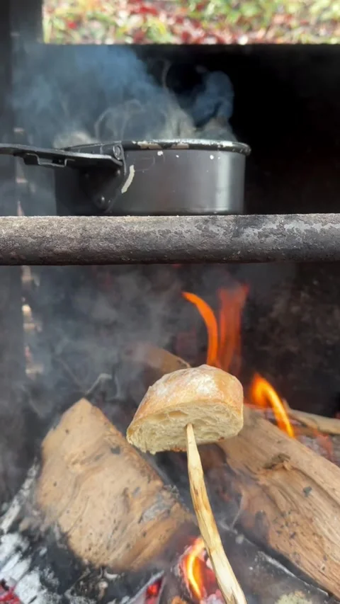 Outdoor Bread Roasting and Tea Brewing Over a Campfire Stock Footage 296501421
