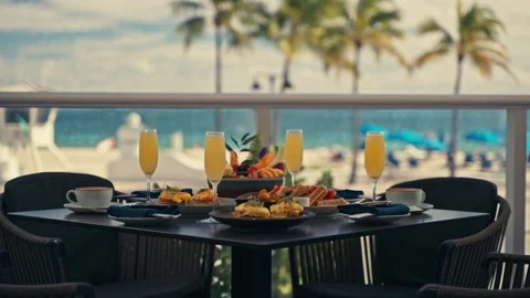 Outdoor Breakfast Setup With Mimosas Waffles Eggs Fruit Coffee Resort Hotel Stock Footage 280507550