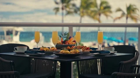 Outdoor Breakfast Setup With Mimosas Waffles Eggs Fruit Coffee Resort Hotel Видео 280507554