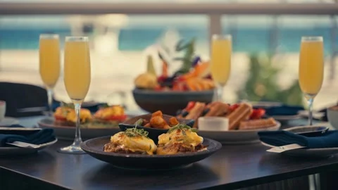 Outdoor Breakfast Setup With Mimosas Waffles Eggs Fruit Coffee Resort Hotel Stockbeeldmateriaal 280507565