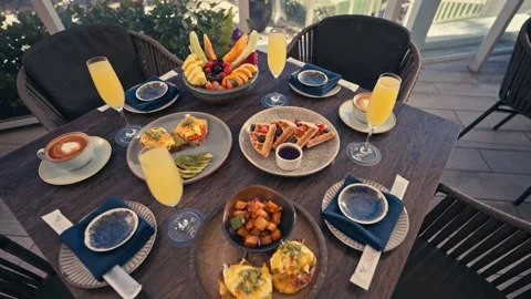 Outdoor Breakfast Setup With Mimosas Waffles Eggs Fruit Coffee Resort Hotel Stock Footage 280507569