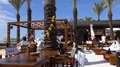 Outdoor cafe bar restaurant pan at sunny Praia da Rocha beach w sky and clouds 4k or 4k+ Resolution