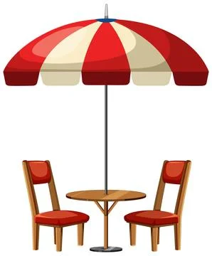 Outdoor Cafe Table with Red Umbrella and Two Chairs Ilustración de archivo