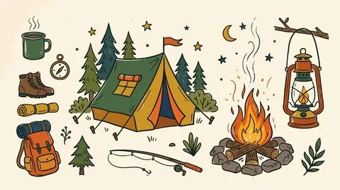 Outdoor camping adventure elements with tent, campfire, fishing rod, and fo.. Stockillustratie