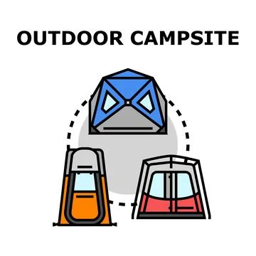 Outdoor campsite activities featuring various tent equipment Stock Illustration