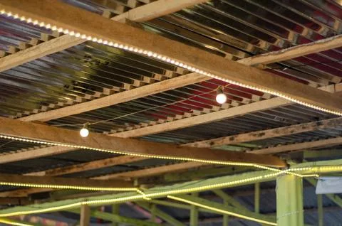 Outdoor Canopy Ceiling with String Lights and Led Strips Stock Photos