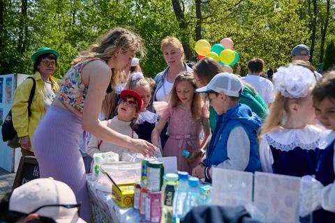 Outdoor children workshop with creative group activity Stock Photos