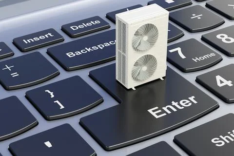 Outdoor Compressor Multi-Zone Unit, Air Conditioner on laptop keyboard. 3D .. Stock Illustration