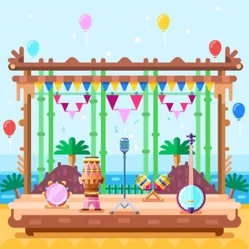 Outdoor concert stage, vector flat illustration. Music instruments on scene p Stock-Illustration