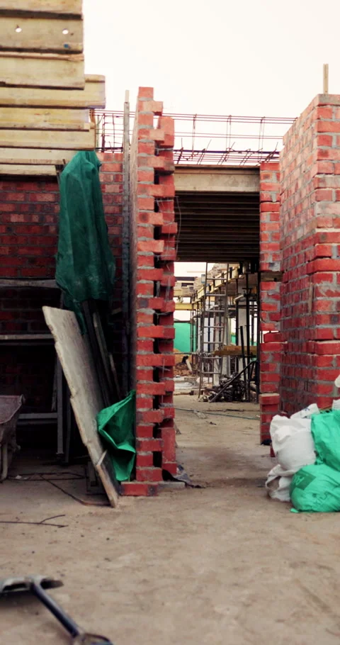 Outdoor, construction or empty brick wall on site for development progress Stock Footage 336245316