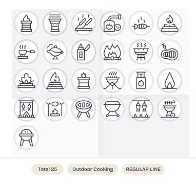 Outdoor Cooking Exclusive Vector Set featuring 25 Regular Line PIXEL Perfec.. Stock Illustration