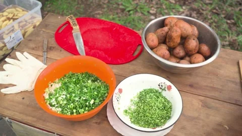 Outdoor cooking. Preparing to cut salad and potatoes. Stock Footage 278427853