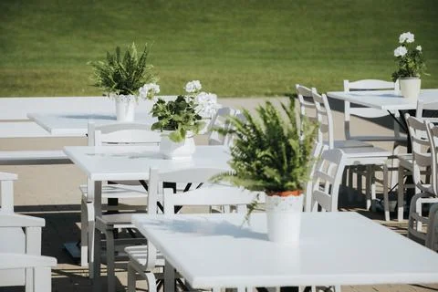 Outdoor dining area featuring white tables and chairs adorned with potted p.. Stock Photos