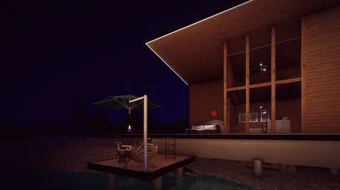 Outdoor dining on the river side and wooden deck at the dark night background Stock Illustration