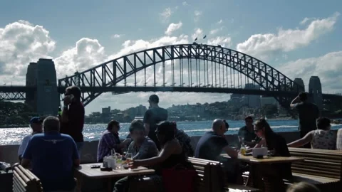 Outdoor Dining Scene Overlooking Bridge and City Waterfront in Sydney, Australia Stock Footage 345805588
