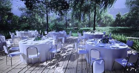 Outdoor dining setup features elegant tables surrounded by lush greenery Stock Illustration