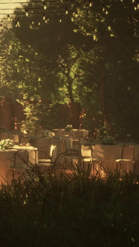 Outdoor dining setup in a forest with tables and chairs in sunlight Stock Footage 338376596
