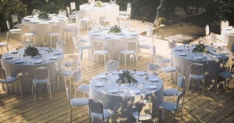Outdoor dining setup for a formal event in a beautiful garden space Stock Illustration
