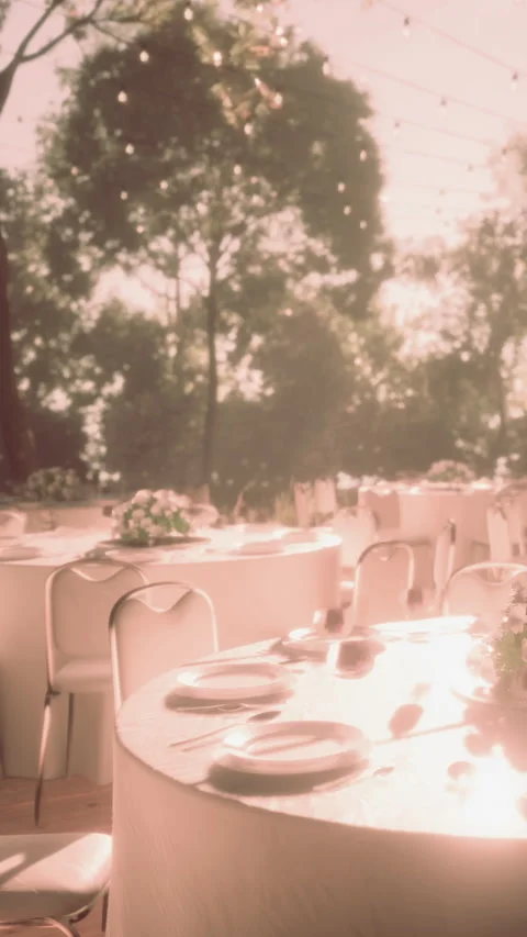 Outdoor dining setup for gathering in daylight at scenic location Stock Footage 338378417