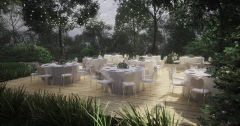 Outdoor dining setup for a special event in a natural setting at dusk Stock Illustration