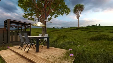 Outdoor dinning room under the tree of tropical wooden house architecture des Stock Footage 184890651