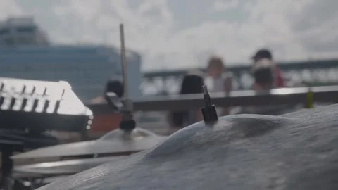 Outdoor Drum Kit Close-Up With People and Cityscape in Sydney, Australia Stock Footage 345728238