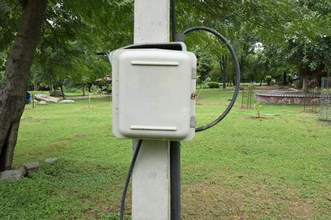 Outdoor electrical junction box mounted on utility pole in public park land.. 写真素材