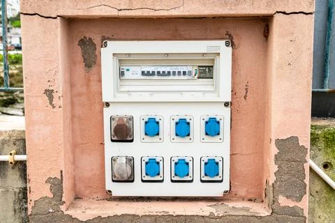 Outdoor Electrical Panel With Multiple Sockets In Wall 스톡 사진