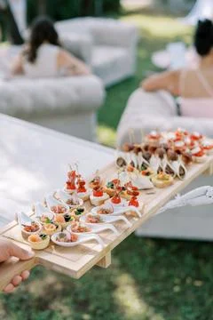Outdoor Event Appetizer Platter with Assorted Canapes Stock Photos