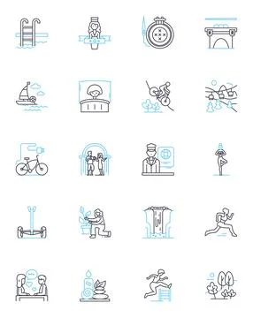 Outdoor excursion linear icons set. Hike, Camp, Kayak, Explore, Trek, Adventure Stock Illustration