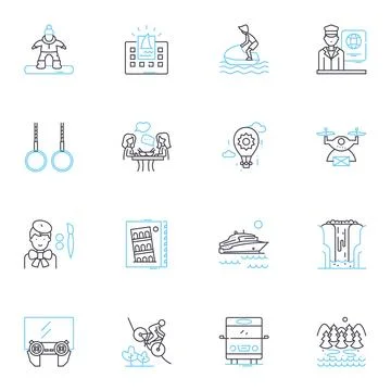 Outdoor excursion linear icons set. Hike, Camp, Kayak, Explore, Trek, Adventure Stock Illustration
