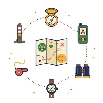 Outdoor Exploration And Navigation Tools Around A Map Stock Illustration