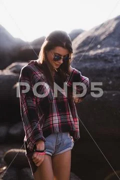 Outdoor fashion image of stylish young lady,fashionable.Lifestyle portrait of Stock Photos