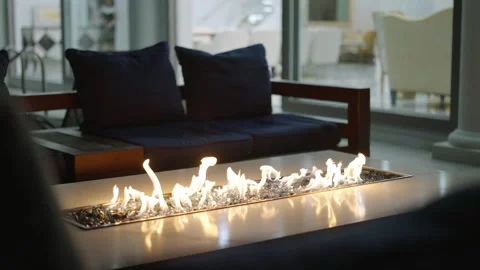 Outdoor Firepit Table On Modern Balcony At Dusk Stock Footage 328163490