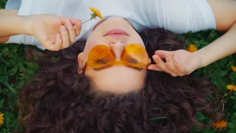 Outdoor flat lay, top view close up portrait of young beautiful happy smiling Stock-Footage 111528314