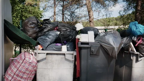 Outdoor garbage bins overflowing with black plastic bags and waste in a sunny Stock Footage 339734967