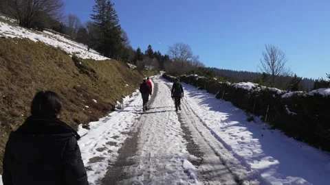 Outdoor group exercise in snow covered dirt road La Bresse France winter Stock Footage 311557824