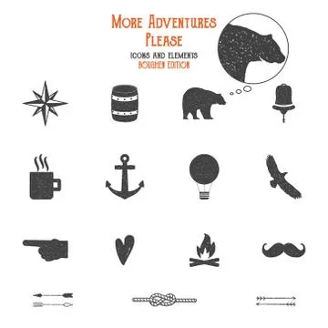 Outdoor icons and elements set for creation hiking, camping logo other designs Illustrazione stock