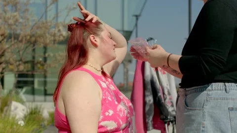 Outdoor Makeup Session with Two Friends in Bright Sunny Environment Stock Footage 311368640